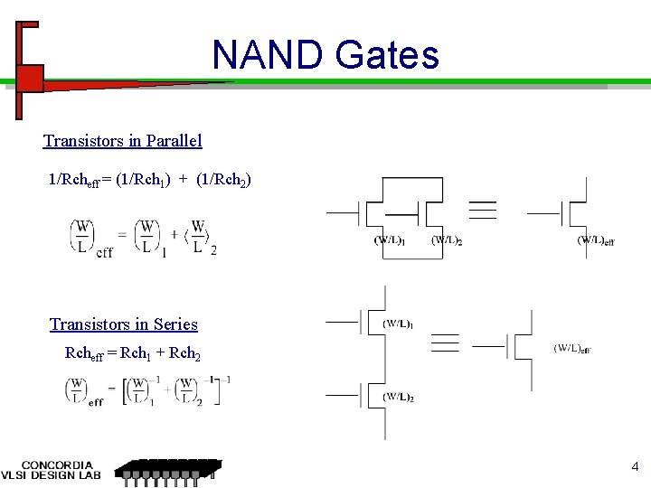 NAND Gates Transistors in Parallel 1/Rcheff = (1/Rch 1) + (1/Rch 2) Transistors in NAND Gates Transistors in Parallel 1/Rcheff = (1/Rch 1) + (1/Rch 2) Transistors in