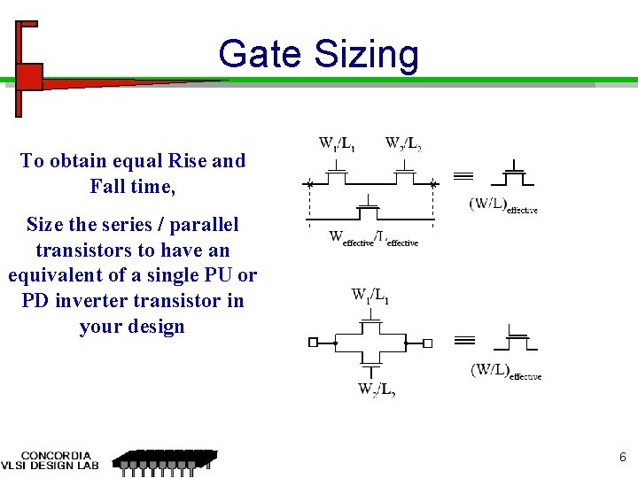 Gate Sizing To obtain equal Rise and Fall time, Size the series / parallel Gate Sizing To obtain equal Rise and Fall time, Size the series / parallel