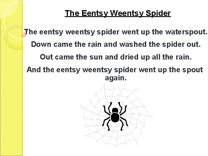 The Eentsy Weentsy Spider The eentsy weentsy spider went up the waterspout. Down came