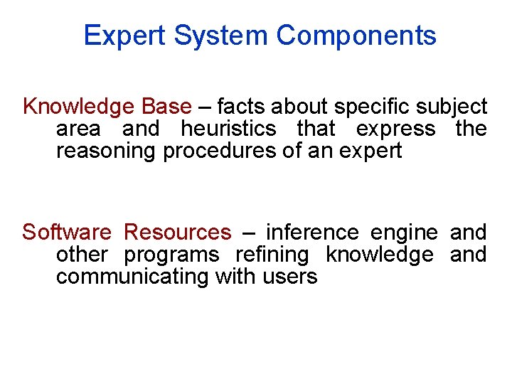 Expert System Components Knowledge Base – facts about specific subject area and heuristics that