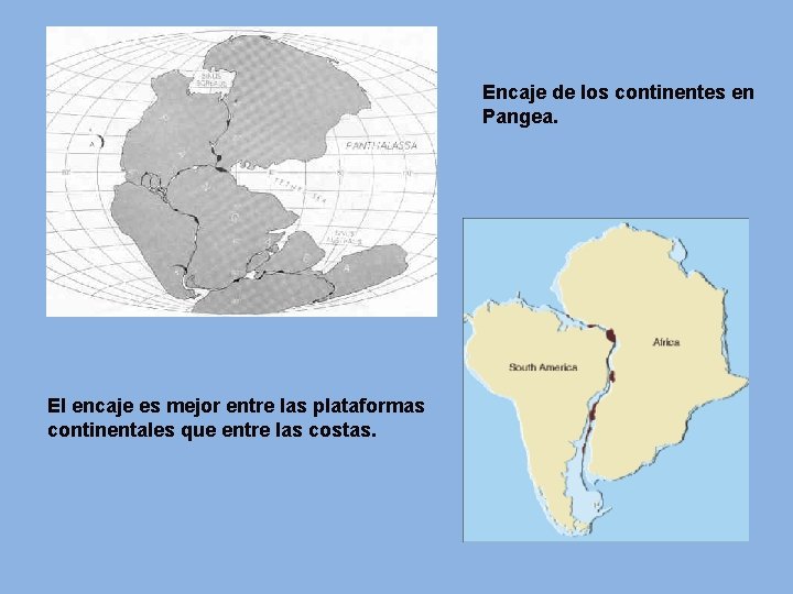 Encaje de los continentes en Pangea. El encaje es mejor entre las plataformas continentales