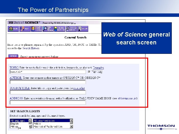 The Power of Partnerships Web of Science general search screen 24 