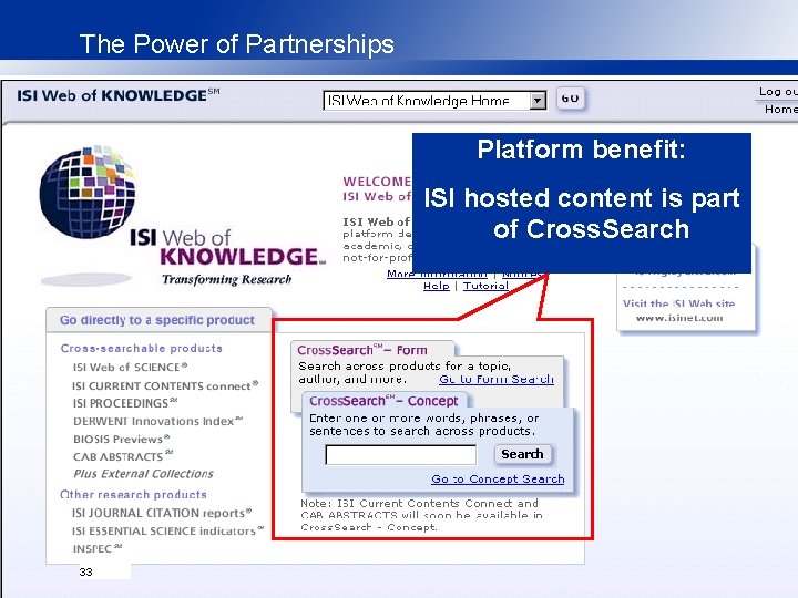 The Power of Partnerships Platform benefit: ISI hosted content is part of Cross. Search