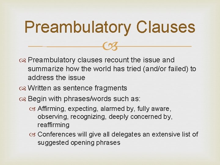 Preambulatory Clauses Preambulatory clauses recount the issue and summarize how the world has tried
