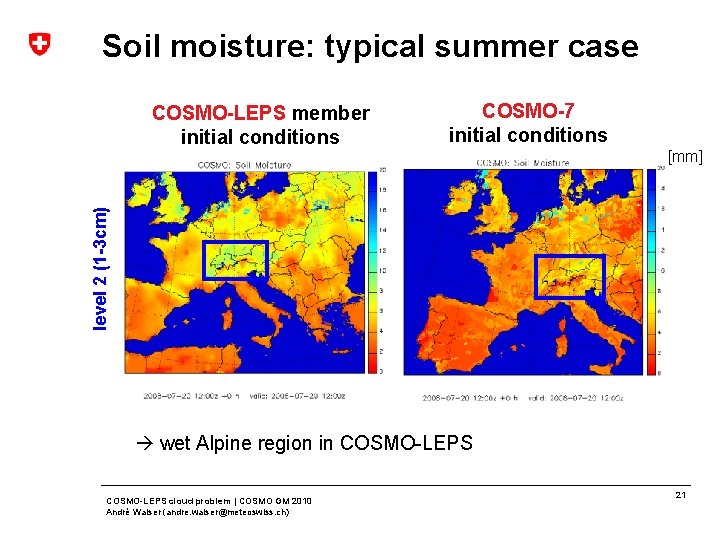 Soil moisture: typical summer case COSMO-7 initial conditions [mm] level 2 (1 -3 cm)