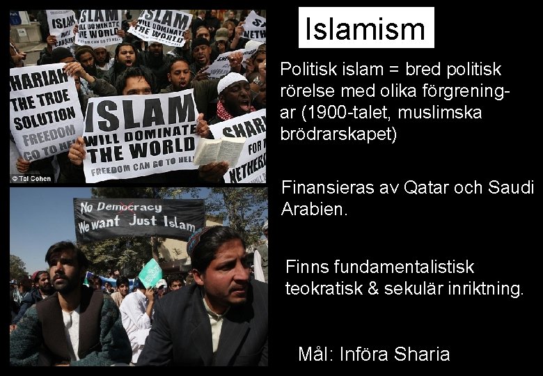 Islamism Politisk islam = bred politisk rörelse med olika förgreningar (1900 -talet, muslimska brödrarskapet)