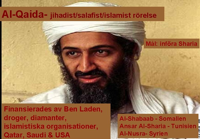 Al-Qaida- jihadist/salafist/islamist rörelse Mål: införa Sharia Finansierades av Laden Ben Laden, 1988 Usama Ben