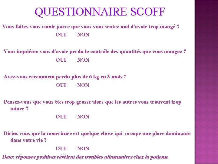 QUESTIONNAIRE SCOFF Vous faites-vous vomir parce que vous sentez mal d'avoir trop mangé ?