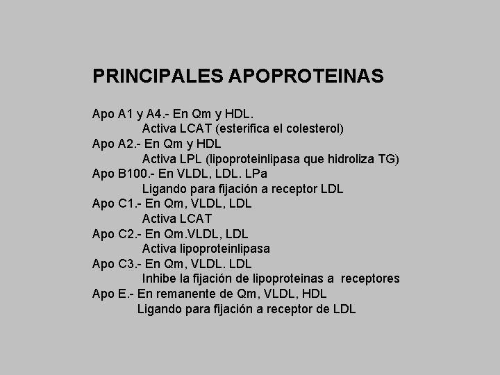 PRINCIPALES APOPROTEINAS Apo A 1 y A 4. - En Qm y HDL. Activa