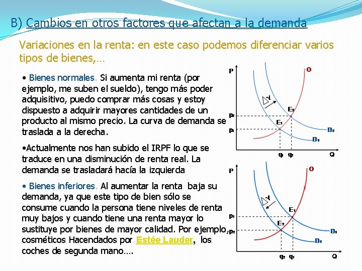 B) Cambios en otros factores que afectan a la demanda Variaciones en la renta: