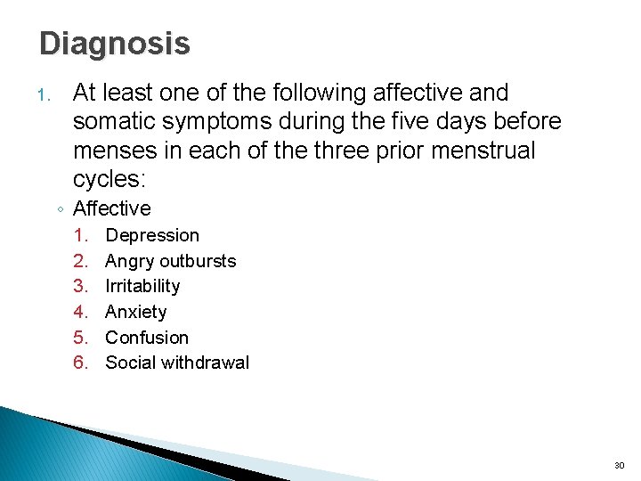 Diagnosis 1. At least one of the following affective and somatic symptoms during the