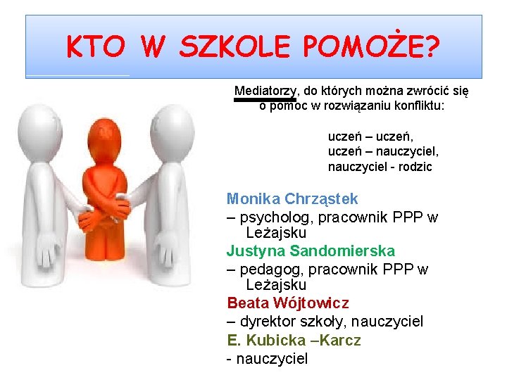 KTO W SZKOLE POMOŻE? Mediatorzy, do których można zwrócić się o pomoc w rozwiązaniu