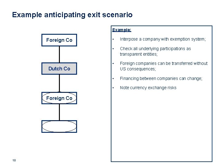 Example anticipating exit scenario Example: Foreign Co Dutch Co Foreign Co 18 • Interpose