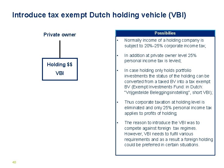 Introduce tax exempt Dutch holding vehicle (VBI) Possibilies Private owner • Normally income of
