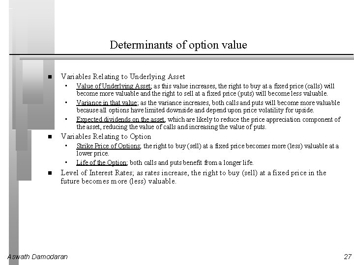 Determinants of option value Variables Relating to Underlying Asset • • • Variables Relating