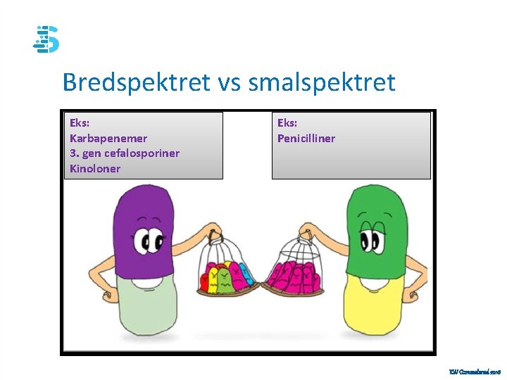 Bredspektret vs smalspektret Eks: Karbapenemer 3. gen cefalosporiner Kinoloner Eks: Penicilliner KW Gammelsrud 2016