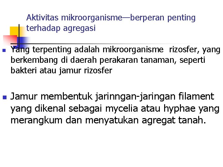 Aktivitas mikroorganisme—berperan penting terhadap agregasi n n Yang terpenting adalah mikroorganisme rizosfer, yang berkembang