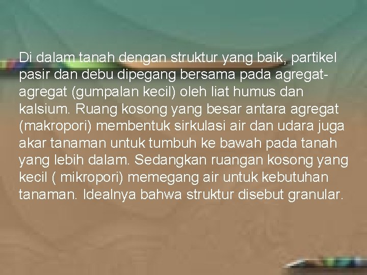 Di dalam tanah dengan struktur yang baik, partikel pasir dan debu dipegang bersama pada