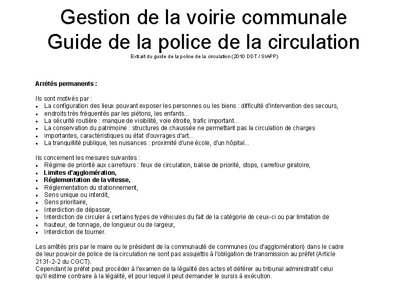 Gestion de la voirie communale Guide de la police de la circulation Extrait du