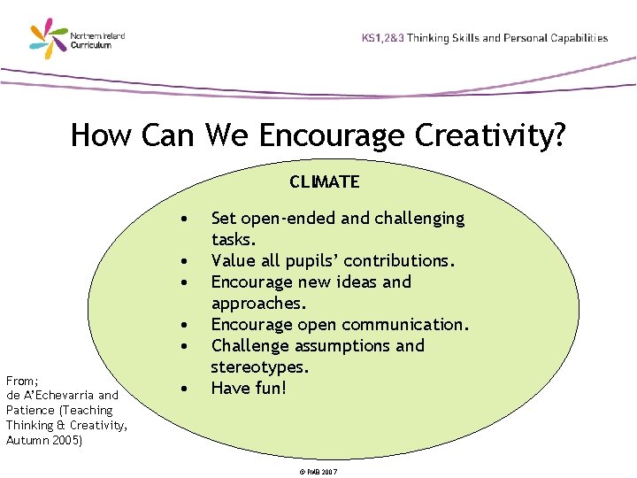 How Can We Encourage Creativity? CLIMATE • • • From; de A’Echevarria and Patience