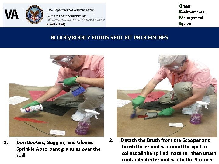 Green Environmental Management System BLOOD/BODILY FLUIDS SPILL KIT PROCEDURES 1. Don Booties, Goggles, and