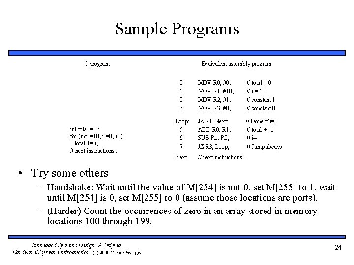 Sample Programs Equivalent assembly program C program int total = 0; for (int i=10;