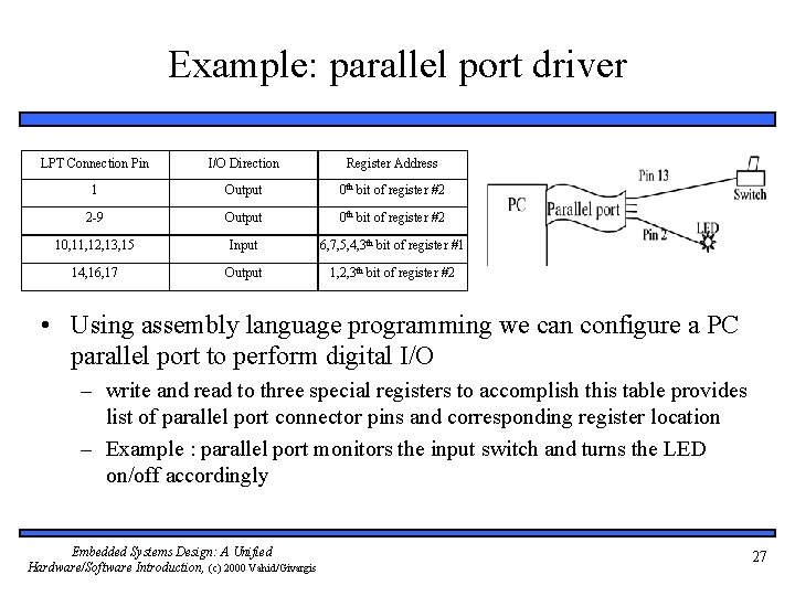 Example: parallel port driver LPT Connection Pin I/O Direction Register Address 1 Output 0