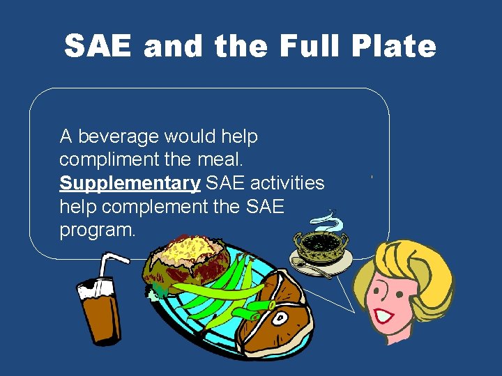SAE and the Full Plate A beverage would help compliment the meal. Supplementary SAE