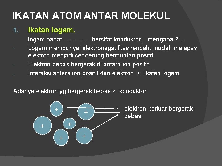 IKATAN ATOM ANTAR MOLEKUL 1. - Ikatan logam padat ------ bersifat konduktor, mengapa ?