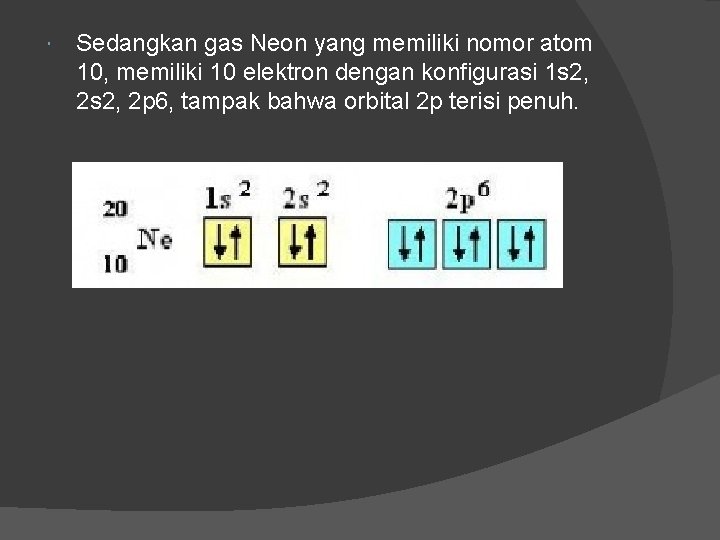  Sedangkan gas Neon yang memiliki nomor atom 10, memiliki 10 elektron dengan konfigurasi