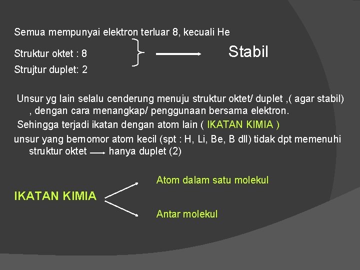 Semua mempunyai elektron terluar 8, kecuali He Stabil Struktur oktet : 8 Strujtur duplet: