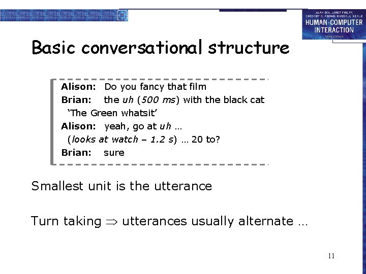 Basic conversational structure Alison: Do you fancy that film Brian: the uh (500 ms)