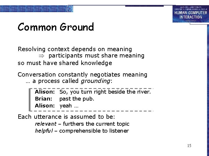 Common Ground Resolving context depends on meaning participants must share meaning so must have