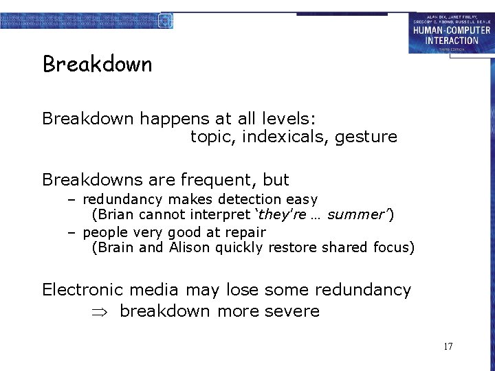 Breakdown happens at all levels: topic, indexicals, gesture Breakdowns are frequent, but – redundancy