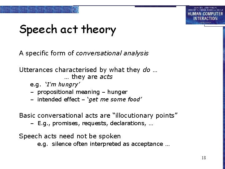 Speech act theory A specific form of conversational analysis Utterances characterised by what they