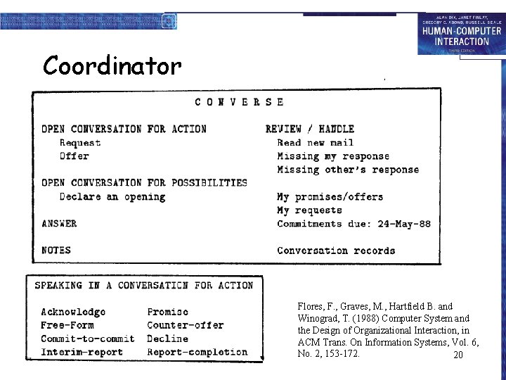 Coordinator Flores, F. , Graves, M. , Hartfield B. and Winograd, T. (1988) Computer