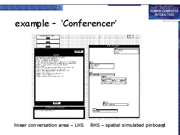example – ‘Conferencer’ linear conversation area – LHS RHS – spatial simulated pinboard 25