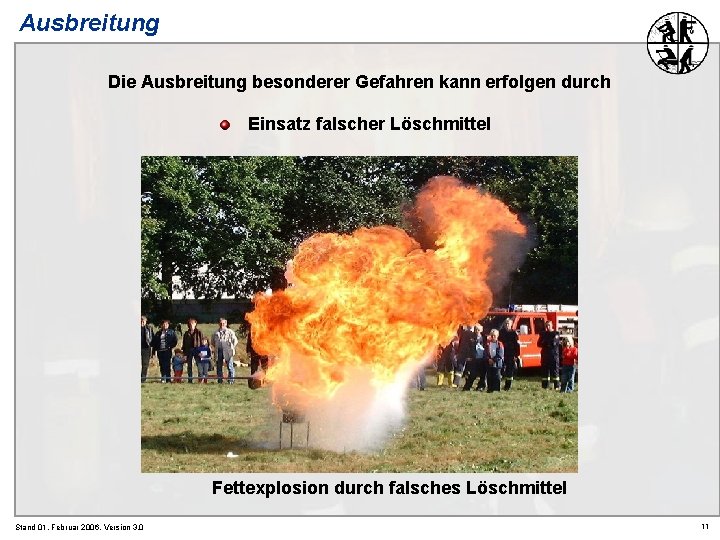 Ausbreitung Die Ausbreitung besonderer Gefahren kann erfolgen durch Einsatz falscher Löschmittel Fettexplosion durch falsches