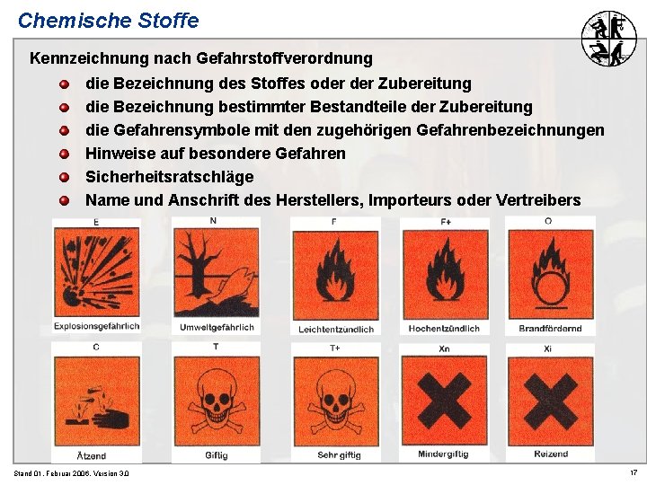 Chemische Stoffe Kennzeichnung nach Gefahrstoffverordnung die Bezeichnung des Stoffes oder Zubereitung die Bezeichnung bestimmter
