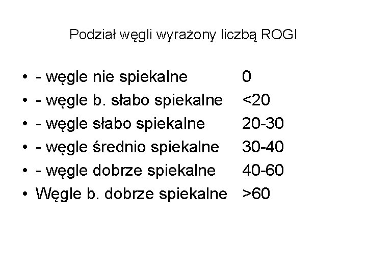 Podział węgli wyrażony liczbą ROGI • • • - węgle nie spiekalne - węgle