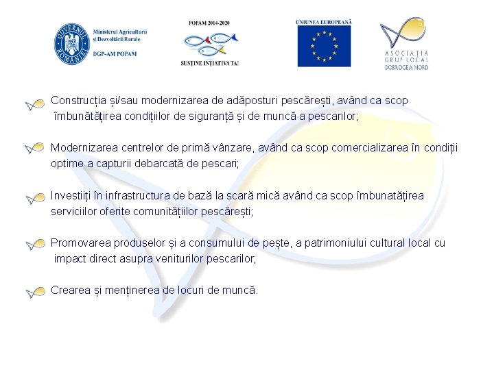 Construcția și/sau modernizarea de adăposturi pescărești, având ca scop îmbunătățirea condițiilor de siguranță și