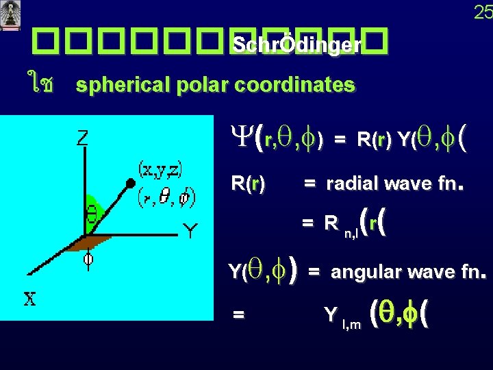25 ������ SchrÖdinger ใช spherical polar coordinates Y(r, q, f) = R(r) Y(q, f( 25 ������ SchrÖdinger ใช spherical polar coordinates Y(r, q, f) = R(r) Y(q, f(