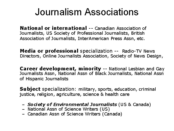 Journalism Associations National or international -- Canadian Association of Journalists, US Society of Professional