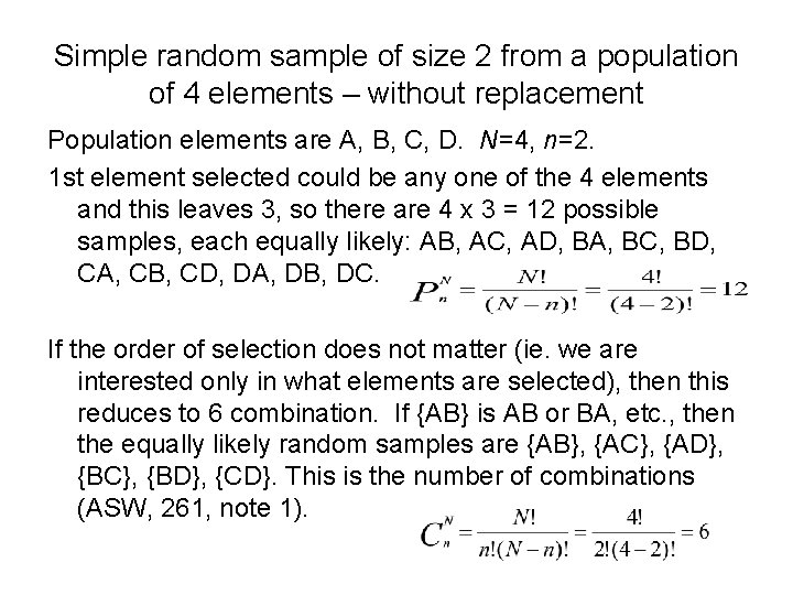 Simple random sample of size 2 from a population of 4 elements – without