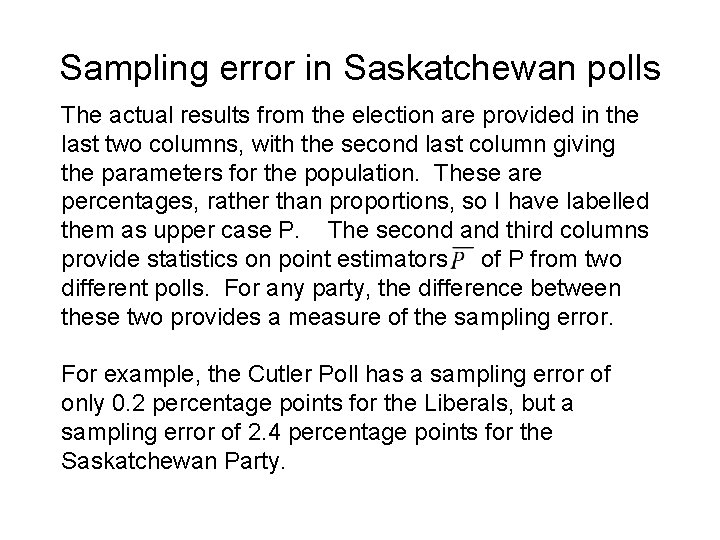 Sampling error in Saskatchewan polls The actual results from the election are provided in