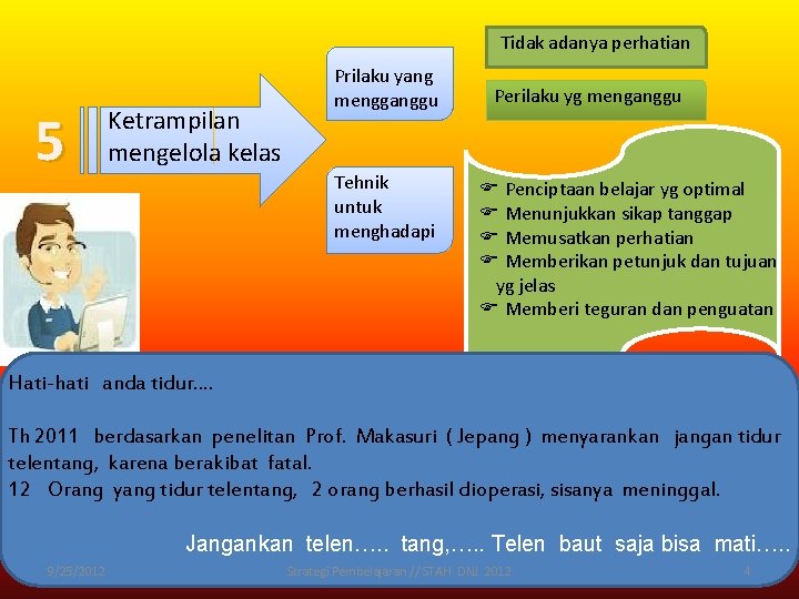 Tidak adanya perhatian 5 Ketrampilan mengelola kelas Prilaku yang mengganggu Tehnik untuk menghadapi Perilaku Tidak adanya perhatian 5 Ketrampilan mengelola kelas Prilaku yang mengganggu Tehnik untuk menghadapi Perilaku