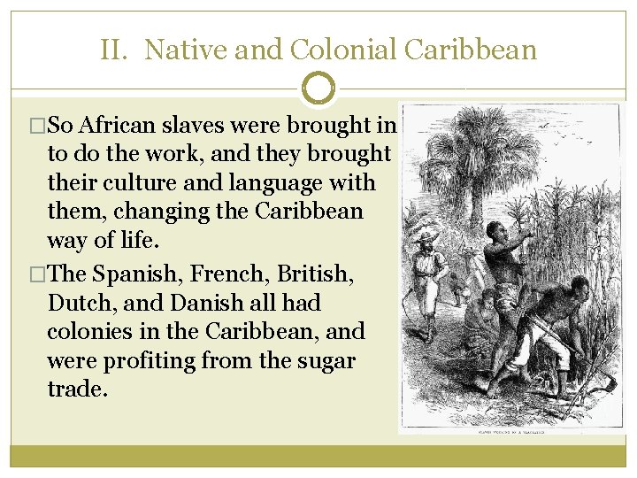 II. Native and Colonial Caribbean �So African slaves were brought in to do the