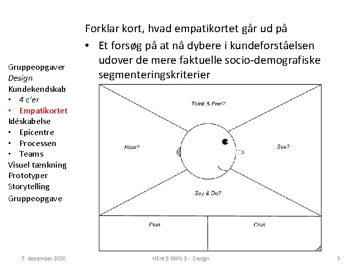 Gruppeopgaver Design Kundekendskab • 4 c’er • Empatikortet Idéskabelse • Epicentre • Processen •