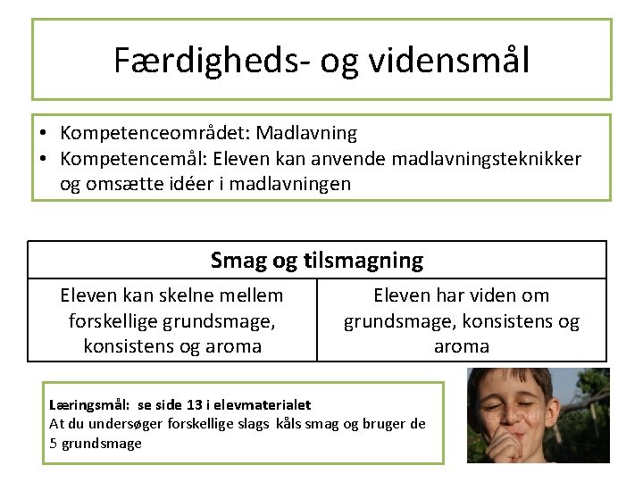 Færdigheds- og vidensmål • Kompetenceområdet: Madlavning • Kompetencemål: Eleven kan anvende madlavningsteknikker og omsætte Færdigheds- og vidensmål • Kompetenceområdet: Madlavning • Kompetencemål: Eleven kan anvende madlavningsteknikker og omsætte